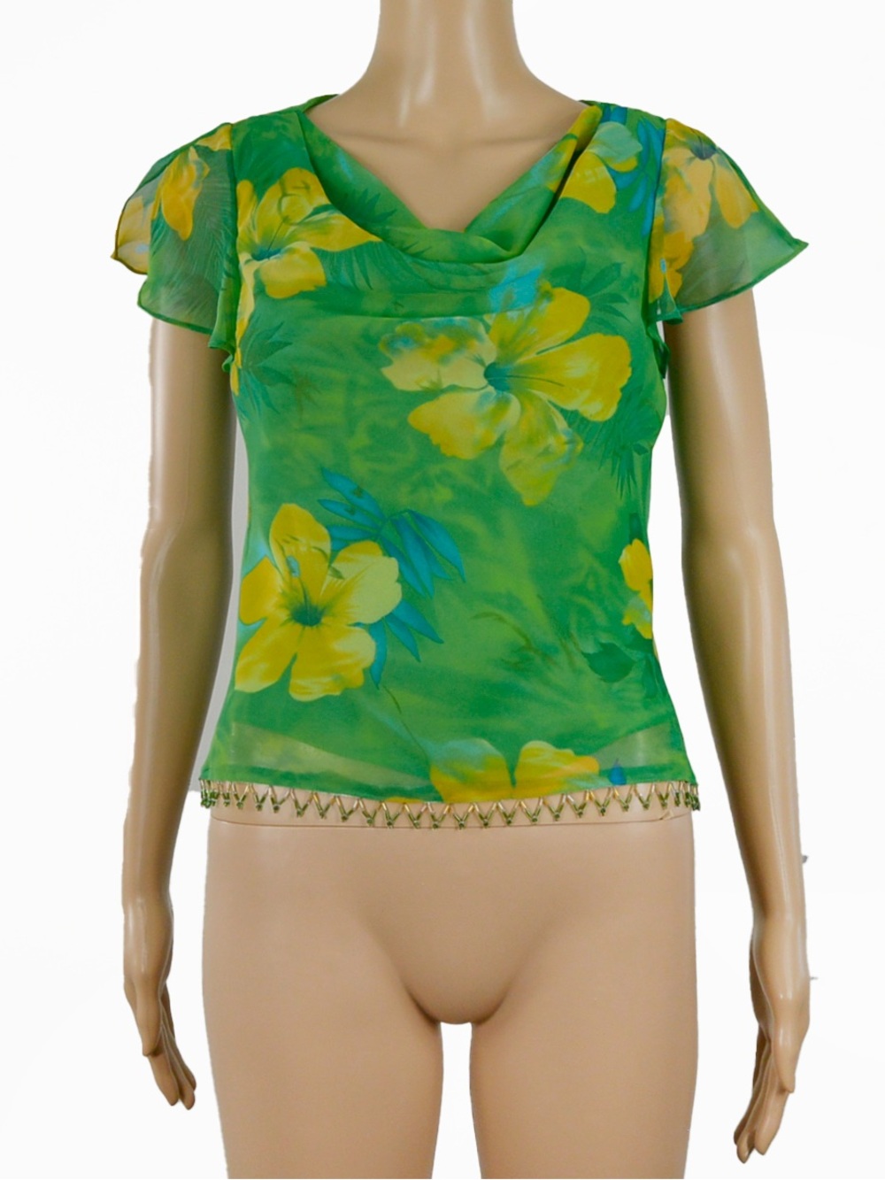 Vintage 90s Y2K Sheer Mesh Cowl Neck Top Green Yellow Floral Beaded Fringe 2000s